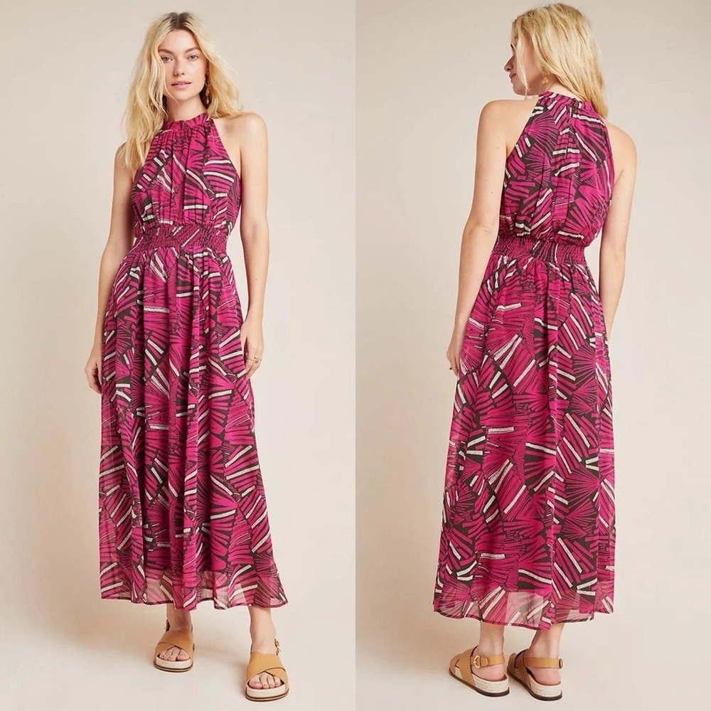 Anthropologie Maeve Pink Floral Leaf Tropical Halter Maxi Dress Womens‎ Size M